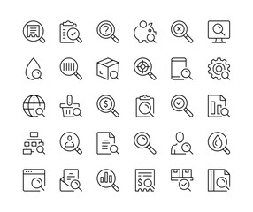 Search icons. Vector line icons set. Magnifier, SEO, zoom in and zoom out, find information, loupe, magnifier concepts. Black outline stroke symbols