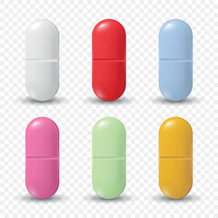 Wall Mural - Vector Realistic Oval Pharmaceutical Medical Pills, Tablets, Vitamins, Capsule Set Closeup Isolated. Pills Design Template, Collection. Front View. Medicine, Health Concept