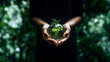 Glaskugel mit Pflanzen in der Hand auf schwarzen Hintergrund für die Natur retten Nahaufnahme, ai generativ
