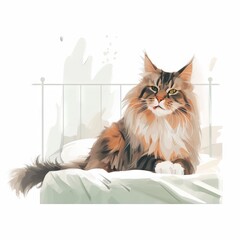   a cat sitting on a bed with a white blanket and a white fence in the back ground and a white wall in the back ground.  generative ai