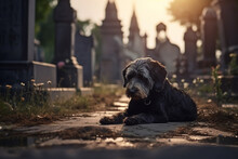 Sad Dog Sits In A Cemetery Near The Grave Of Its Owner, Generative Ai 