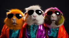 Stylish Animal Rock Band, Fashionable Portrait Of Anthropomorphic Superstar Guinea Pigs With Sunglasses And Vibrant Suits, Group Photo, Glam Rock Style. Generative AI.
