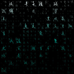 Poster - Letters Matrix Background. Random Symbols of Chinese Simplified Alphabet. Gradient matrix pattern. Teal color theme backgrounds. Tileable horizontally. Creative vector illustration.