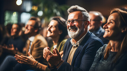 Smiling man with beard and white hair as an audience at a humorous event, meeting or conference. People in the audience applauding.