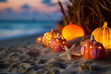 Halloween On A Beach. Pumpkins, Starfish And Seashells On The Seashore At Sunset. Generative Ai.