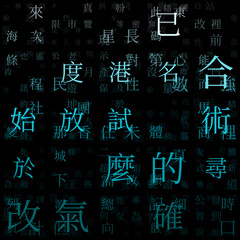Fototapete - Abstract Matrix background. Random Characters of Chinese Traditional Alphabet. Gradiented matrix pattern. Cyan color theme backgrounds. Tileable horizontally. Amazing vector illustration.