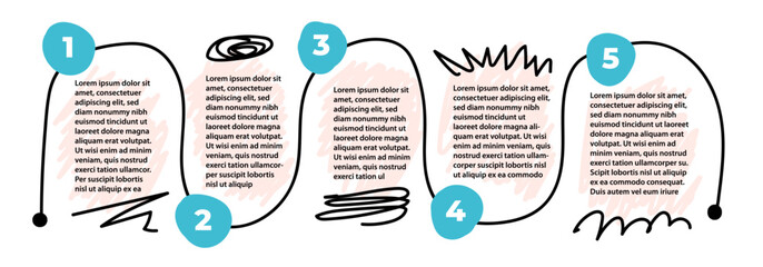 5 steps infographic with hand drawn text box, arrows. Step by step instruction. Empty way progress design template. Data visualization. Scribble design element for presentation with copy space. Layout