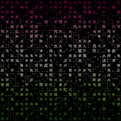 Poster - Futuristic background. Random characters of Chinese Simplified Alphabet. Gradient matrix pattern. Purple, yellow, and green color theme backgrounds. Tileable horizontally. Vibrant vector illustration.