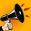 Hand with megaphone in pop art style. Comic style bullhorn. Design element in vector.