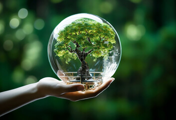 earth crystal glass globe ball and tree in robot hand saving the environment, save a clean planet, e