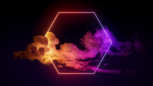 Cloud Formation Illuminated With Pink And Yellow Fluorescent Light. Dark Environment With Hexagon Shaped Neon Frame.