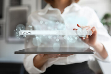 Poster - Online search. Young businesswoman holding digital tablet browsing internet, pointing finger at virtual web search bar