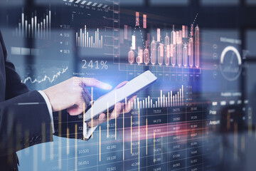 Poster - Close up of businessman hand pointing at cellphone with creative global forex chart on blurry office interior background. Concept of stock market and financial success. Double exposure.