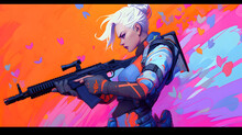 Anime Colorful Powerful Girl Holding A Gun Purple Leaves Abstract Background Cyberpunk Style Wallpaper