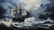 Oil Painting Stormy Ocean With A Large Pirate Ship Impact Frame Wallpaper