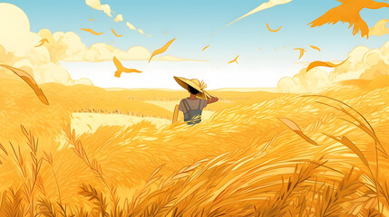 Wall Mural - amazing illustration rural China during the autumn harvest season wheat wallpaper landscape