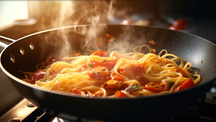 Wall Mural - Cooking spaghetti with chicken and vegetables in pan on stove, closeup generative ai