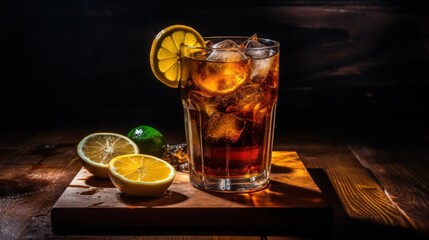 Canvas Print - glass of cola with ice and lemon, mojito cocktail with lime, tea with lemon and mint, whiskey with cola