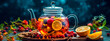 fresh fruit tea in a glass teapot, banner made with Generative AI
