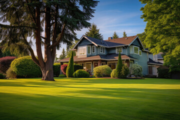 Wall Mural - Traditional american house facade in suburb. Facade of old family house with lawn and backyard. Real estate and private property. Created with Generative AI