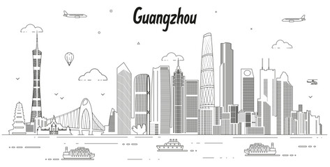 Poster - Guangzhou skyline line art vector illustration