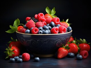 Wall Mural - a bowl of fresh berries including strawberries and blueberries, generative ai