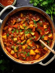 Wall Mural - an overhead shot of a large pot of vegetables with spoon, generative ai