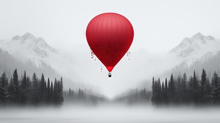 Poster -  a red hot air balloon flying over a forest filled with trees.  generative ai