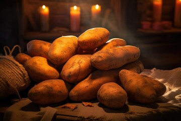 Wall Mural - a stack of sweet potatoes in a rustic setting, generative ai