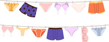 Underwear On Rope. Male Female Panties And Bras Hanging On Clothesline, Lingerie Washing Set. Cartoon Fashion Underpants Vector Elements