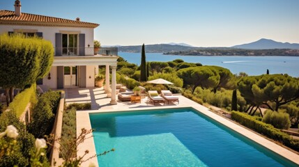 tropical resort hotel, mansion, villa in Italy. hotel room with pool. pool in resort, terrace with sofas and sun loungers by the pool.generative Ai