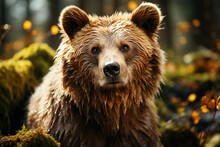 Portrait Of A Young Brown Bear Captured In Its Natural Habitat Within The Forest. Generative Ai.