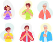 Grateful characters. Cartoon sincere people with thank you gesture of hands on chest, thankful young and old man or woman, smile kind kid gratitude expression vector illustration