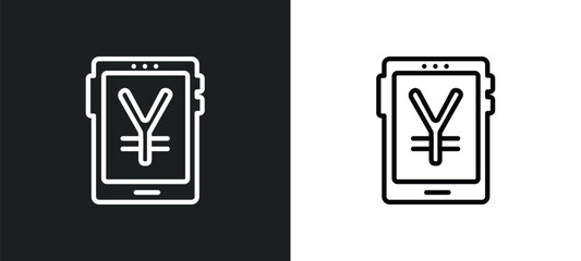 Poster - yen currency on tablet screen outline icon in white and black colors. yen currency on tablet screen flat vector icon from computer collection for web, mobile apps and ui.