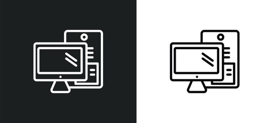 Poster - pc with monitor outline icon in white and black colors. pc with monitor flat vector icon from computer collection for web, mobile apps and ui.