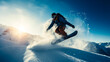 Jumping snowboarder in fresh snow in the mountains on blue sky background. Generative AI
