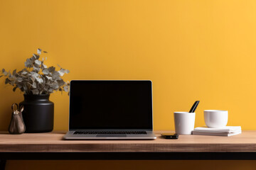 desktop with flower, notebook and office supplies on a colored background.Generative AI