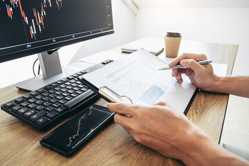 Poster - Businessman working with computer, thinking and analyzing graph