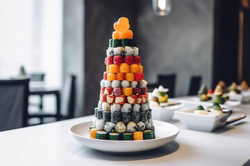 Wall Mural - Funny edible Christmas tree made from sushi, creative idea for japanese restaurant, New Year food background, holiday, celebration, food art concept, generative ai