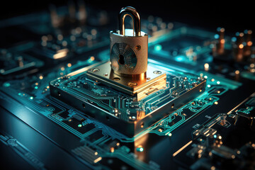 Poster - depicting the concept of cyber security with a padlock symbol, emphasizing the importance of data pr