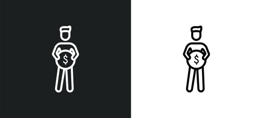 Poster - man holding a big coin outline icon in white and black colors. man holding a big coin flat vector icon from business collection for web, mobile apps and ui.