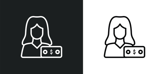 Poster - woman with money outline icon in white and black colors. woman with money flat vector icon from business collection for web, mobile apps and ui.