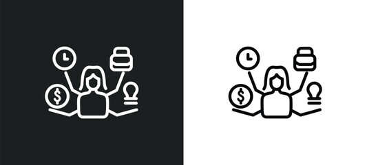Poster - multitasking woman outline icon in white and black colors. multitasking woman flat vector icon from business collection for web, mobile apps and ui.