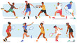 Set of Male and Female Characters Engage In Tennis, A Popular Sport. Young Men and Women with Racquets And A Ball