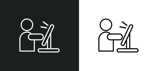 Poster - man with computer screen outline icon in white and black colors. man with computer screen flat vector icon from behavior collection for web, mobile apps and ui.