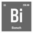 Bismuth, Bi, periodic table element with name, symbol, atomic number and weight. Heavy metal with various industrial uses, such as in cosmetics, alloys, and as a substitute for lead in certain