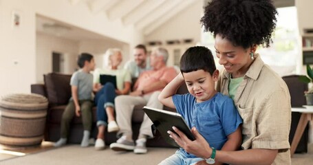 Canvas Print - Family, mother and son with a tablet, home or happiness with movies, search internet or mobile app. Mama, male child or social media with technology, love or website information with a smile or films