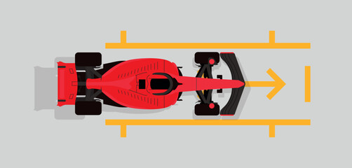 Canvas Print - Red formula car on pit stop. F1 landscape. Speed racing tournament. Formula One championship. Motorsport concept. Vector Illustration isolated on background. Poster design