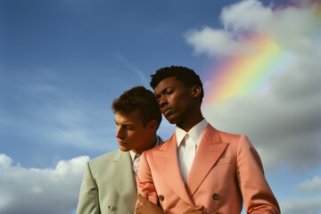 two male friends/models/lgbtq+ couple standing in nature with rainbow with a thoughtful/sad expression in a fashion/beauty editorial magazine style film photography look - generative ai art