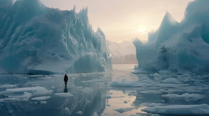 Wall Mural - A man in the midst of melting glaciers. The challenge of global warming. Generative AI